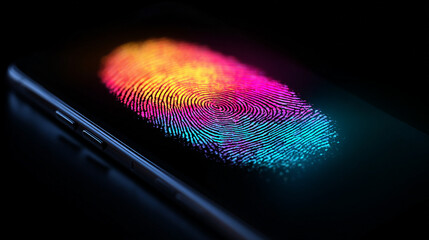 Hyperrealistic close-up of a fingerprint illuminated by a phone’s glow, emphasizing identity, biometric security, technology, and digital authentication in modern devices.
