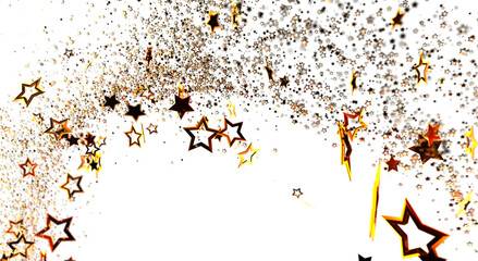 Elegant golden star particles on a white background, perfect for festive designs, celebrations, and...