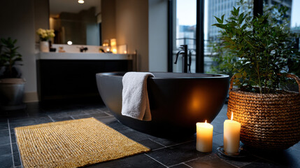 A serene modern bathroom featuring a sleek black tub, glowing candles, and natural elements that create a tranquil atmosphere perfect for relaxation and rejuvenation.