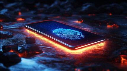 Hyperrealistic close-up of a fingerprint illuminated by a phone’s glow, emphasizing identity, biometric security, technology, and digital authentication in modern devices.
