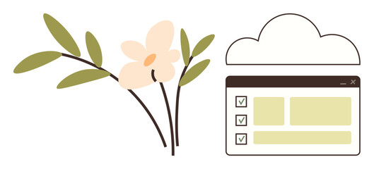Flowering branch paired with checklist interface and cloud outline conveys productivity, nature, minimalism, and digital efficiency. Ideal for sustainability, eco-tech, organization, workflow