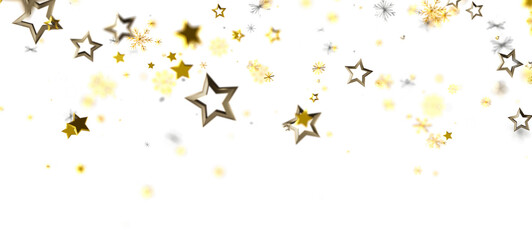 Festive background featuring falling golden stars and snowflakes on a white background. Perfect for holidays, celebrations, and special events.