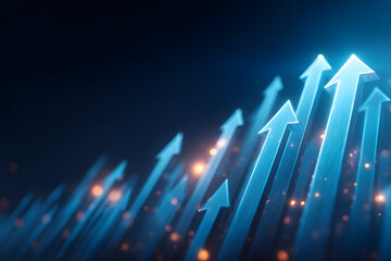 Blue background with glowing arrows growing upwards, illustration of an upward arrow chart for business growth and technology development concept on a blue background.