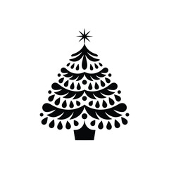 Stylized black silhouette christmas tree with ornaments and star on white background
