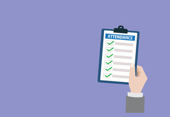 Attendance clipboard with checklist. Questionnaire, survey, clipboard, task list. Flat design, 