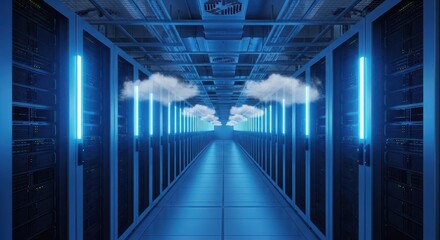 Futuristic server room with clouds floating between the server racks, representing cloud computing and data storage technology