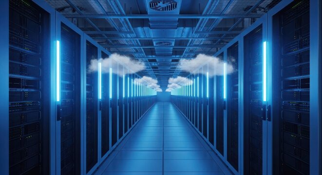Futuristic server room with clouds floating between the server racks, representing cloud computing and data storage technology