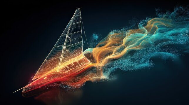 CFD Analysis Visualization: Racing yacht hull cutting through water with particle flow trajectories and velocity fields
