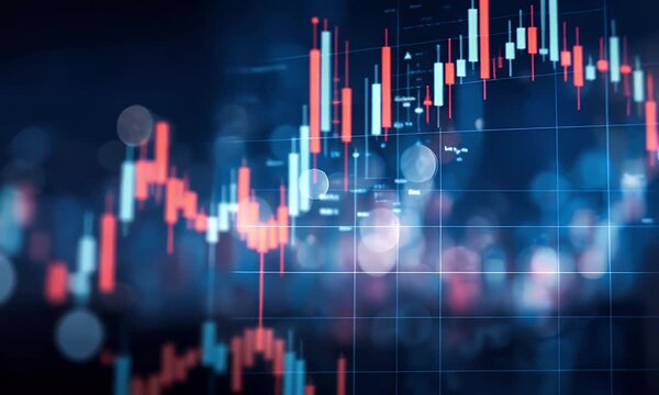 Abstract digital financial trading chart with candlestick patterns and glowing bokeh lights in a dark blue and red color scheme representing market fluctuations