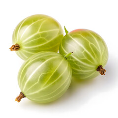 Three Green Gooseberries with Prominent Veins and Stems on White Background gooseberry