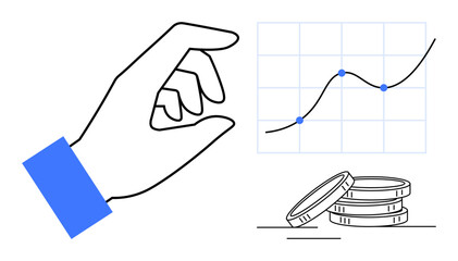 Hand reaching forward, rising line chart with plotted points, and stacked coins. Ideal for finance, growth, innovation, planning, economy investment decision-making. Simple flat metaphor