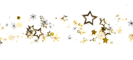 Elegant image featuring golden stars and snowflakes floating on a bright white backdrop, ideal for holiday designs and celebrations.