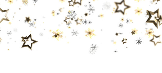 Festive background with gold stars and snowflakes on a clean white backdrop, perfect for Christmas and New Year celebrations. Use for greeting c