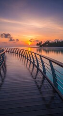 Obraz premium Sunset Pier Curved Railing Over Lagoon with Serene Waters and Exotic Plants, a Bridge to Tropical Sunrise Beauty