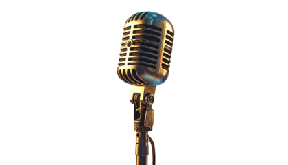 Retro Microphone with Metallic Grill and Stand – Iconic Music Symbol Isolated