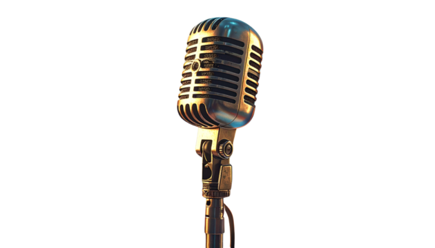 Retro Microphone with Metallic Grill and Stand – Iconic Music Symbol Isolated