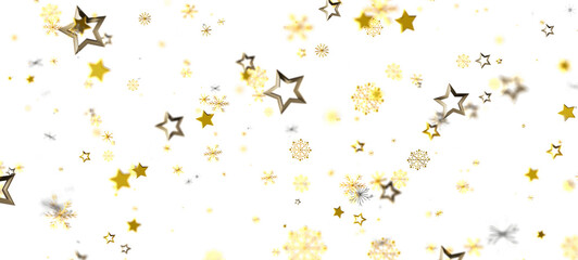 Festive background with golden stars and snowflakes floating on a white backdrop. Perfect for Christmas, New Year, and holiday designs. Ideal fo