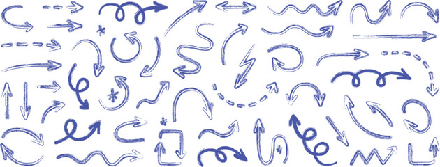 Hand Drawn Blue Brush Marker Arrows and Directional Doodles Set vector illustration