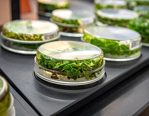 Small plants in petri dishes