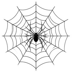 Obraz premium A stylized, minimalist illustration of a spider centered on its radial web against a white backdrop. The spider and its web are rendered in black