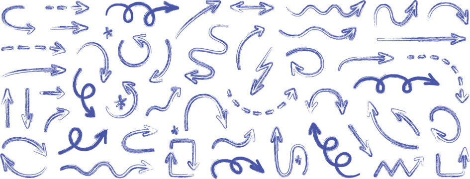 Hand Drawn Blue Brush Marker Arrows and Directional Doodles Set vector illustration