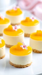 Small, round, creamy cheesecakes topped with mango glaze and tiny flowers