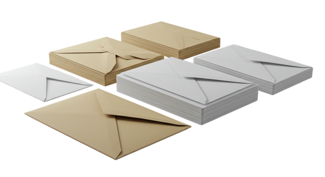 Stacks of white and brown envelopes isolated on white background, mail concept for business or personal correspondence