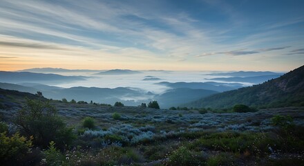 Panoramic view of rolling hills and morning mist under a colorful sky