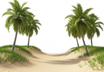 Tropical palm trees on sandy dunes green leaves isolated on a transparent background