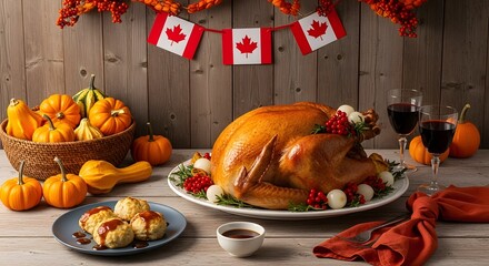 A delicious roasted turkey centerpiece for a canadian thanksgiving feast, surrounded by autumn harvest vegetables and festive decorations