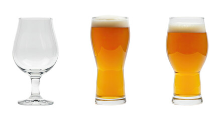 Three beer glasses with amber beer and foam isolated on white background, perfect for bar menus and beverage advertising