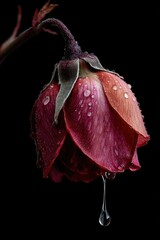 A dew-laden, dark-red rose, drooping elegantly against a stark black background, a single tear-like droplet hanging from its petal.  Its vibrant color contrasts beautifully with the somber setting
