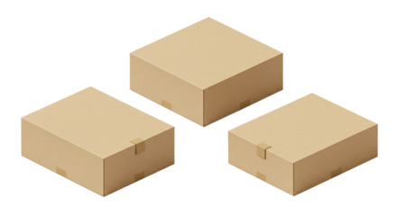 Three cardboard boxes arranged on white background, isolated shipping containers for packaging and delivery, perfect for e-commerce or storage