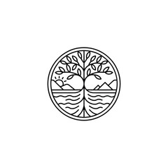 Obraz premium Stylized circular emblem featuring a tree of life with roots sun mountains and water