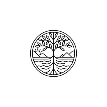 Stylized circular emblem featuring a tree of life with roots sun mountains and water
