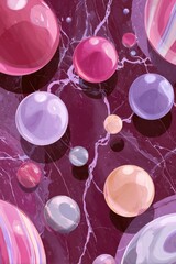 A digital illustration of numerous glossy spheres in varying pastel shades of pink, purple, and peach, scattered across a dark-pink marbled surface.  The spheres overlap and cast subtle reflections