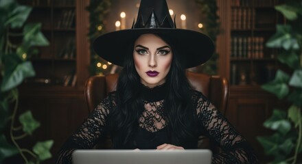 Enchantress with Digital Spells: A bewitching woman, adorned in a classic witch attire, sits authoritatively before a laptop, poised to cast her digital spells. Behind her.