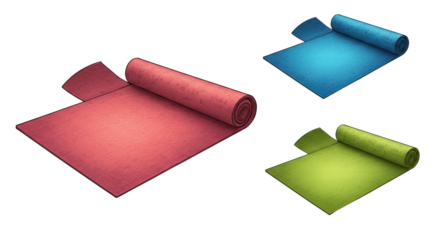 Three colorful rolled yoga mats in red, blue, and green on white background, perfect for fitness and exercise routines