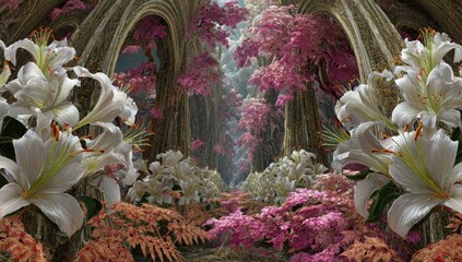 A digitally rendered, fantastical pathway through a blooming forest.  White lilies and pink flowering trees line an arched, stone passage, creating a dreamy, ethereal atmosphere