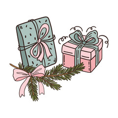 Charming and elegant Christmas doodle illustration with gift boxes and a pine branch tied with a satin bow. Delicate hand-drawn composition, perfect for holiday cards and festive design.
