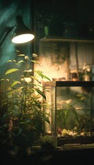 A dimly lit interior scene features a small aquarium with fish, a potted plant with white blossoms, and a desk lamp casting a warm glow against a blurred background of shelves and artwork