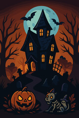 Haunted House with Glowing Windows, Jack-O&rsquo;-Lantern, Skeleton Dog, and Full Moon Halloween Scene