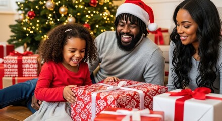 Joyful Family Christmas Moments: A happy family gathered around, surrounded by festive gifts, embracing the spirit of the season. capturing the bond and joy of family during the holidays. 