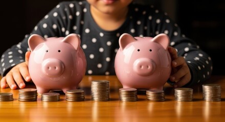 Saving for the Future: A child's hands carefully embrace two piggy banks beside stacks of coins. This scene reflects the values of saving, planning, and financial growth.
