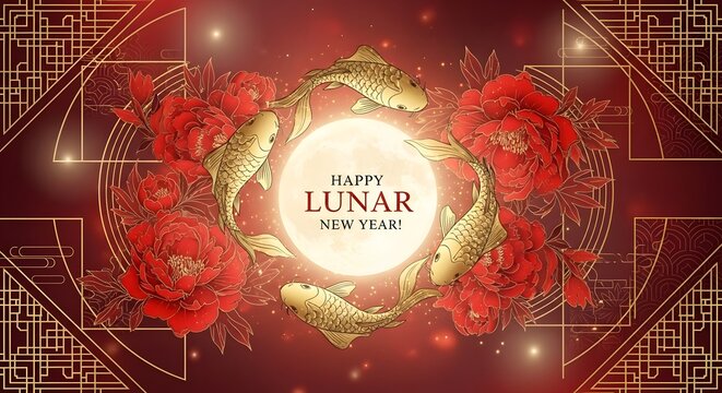 Golden Koi Fish and Peonies for a Happy Lunar New Year Celebration - Powered by Adobe