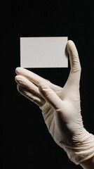 A gloved hand delicately holds a blank white card against a stark black backdrop, showcasing the card's smooth texture and the glove's subtle creases.  The lighting highlights the card's clean edges