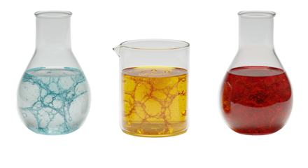 Three laboratory glassware containing colorful liquids with swirling patterns, blue, yellow, and red solutions in scientific beakers and flasks, perfect for chemistry or science visuals