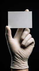 A gloved hand holds a blank white card against a stark black background; the image emphasizes cleanliness and sterility, suitable for medical or corporate contexts