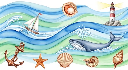 Watercolor seascape with ocean waves, marine life, and nautical elements