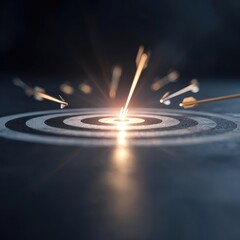 A glowing bullseye target is struck dead-center by an arrow, surrounded by other arrows slightly off-target, on a dark surface.  The scene evokes themes of precision, accuracy, and success